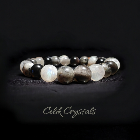 Gray Labradorite Black Labradorite & Silver Obsidian Bracelet 10mm Unisex - Picture 6 of 6